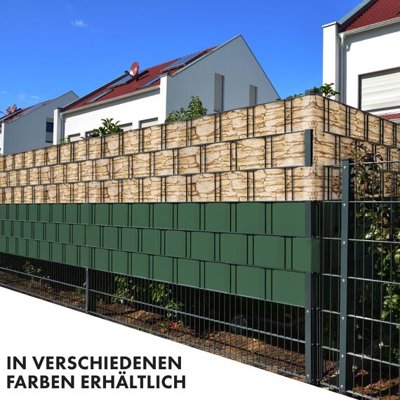 Sichtschutzstreifen PVC | Sichtschutzfolie Gartenzaun oder Balkon | inkl. 20 Befestigungsclips | für Einzel- und Doppelstabmatten geeignet | 19 cm x 35 m | einfarbig oder mit Motiv| Stein-Optikgrob