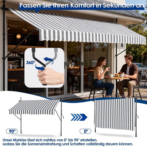 HENGMEI Klemmmarkise Balkon Markise Einziehbar Balkonmarkise Sonnenschutz ohne Bohren höhenverstellbar (250 x 120 cm, Graue und Weiße Streifen)