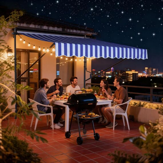 HENGMEI Klemmmarkise Balkon Markise Einziehbar Balkonmarkise Sonnenschutz ohne Bohren höhenverstellbar (200 x 120 cm, Blaue und Weiße Streifen)