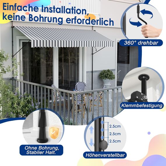 HENGMEI Klemmmarkise Balkon Markise Einziehbar Balkonmarkise Sonnenschutz ohne Bohren höhenverstellbar (250 x 120 cm, Graue und Weiße Streifen)