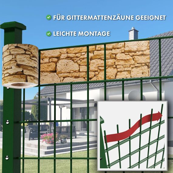 Sichtschutzstreifen PVC | Sichtschutzfolie Gartenzaun oder Balkon | inkl. 20 Befestigungsclips | für Einzel- und Doppelstabmatten geeignet | 19 cm x 35 m | einfarbig oder mit Motiv| Stein-Optikgrob