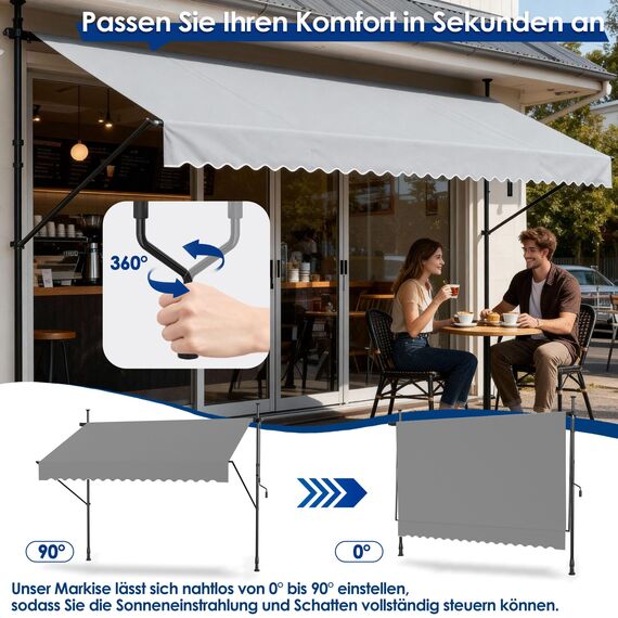 HENGMEI Klemmmarkise Balkon Markise Einziehbar Balkonmarkise Sonnenschutz ohne Bohren höhenverstellbar (250 x 120 cm, Grau)
