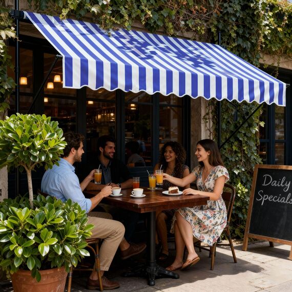 HENGMEI Klemmmarkise Balkon Markise Einziehbar Balkonmarkise Sonnenschutz ohne Bohren höhenverstellbar (250 x 120 cm, Blaue und Weiße Streifen)