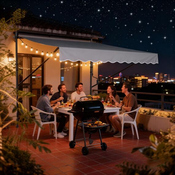 HENGMEI Klemmmarkise Balkon Markise Einziehbar Balkonmarkise Sonnenschutz ohne Bohren höhenverstellbar (350 x 120 cm, Grau)