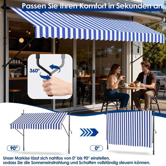 HENGMEI Klemmmarkise Balkon Markise Einziehbar Balkonmarkise Sonnenschutz ohne Bohren höhenverstellbar (400 x 120 cm, Blaue und Weiße Streifen)