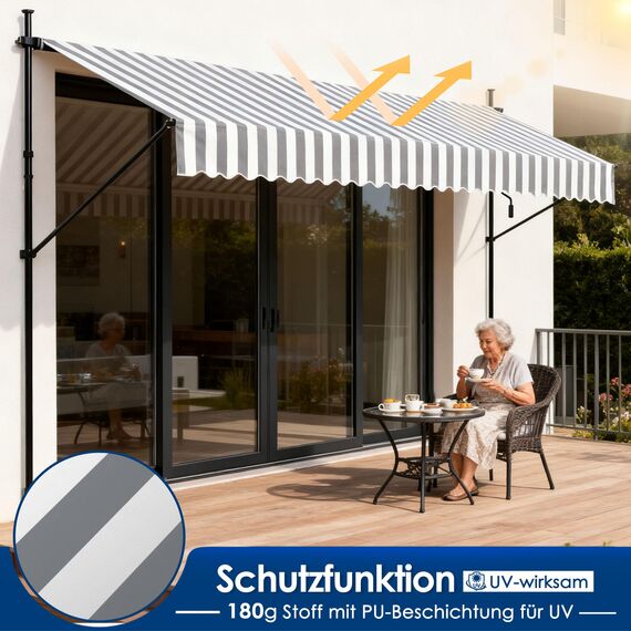HENGMEI Klemmmarkise Balkon Markise Einziehbar Balkonmarkise Sonnenschutz ohne Bohren höhenverstellbar (350 x 120 cm, Graue und Weiße Streifen)