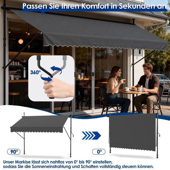HENGMEI Klemmmarkise Balkon Markise Einziehbar Balkonmarkise Sonnenschutz ohne Bohren höhenverstellbar (400 x 120 cm, Dunkelgrau)