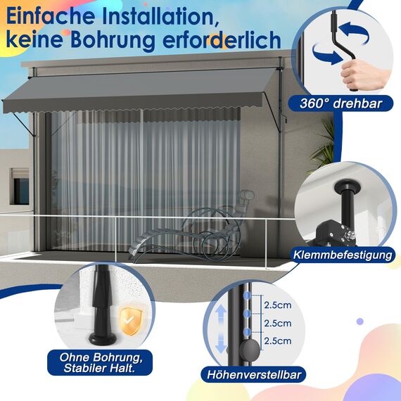 HENGMEI Klemmmarkise Balkon Markise Einziehbar Balkonmarkise Sonnenschutz ohne Bohren höhenverstellbar (400 x 120 cm, Dunkelgrau)