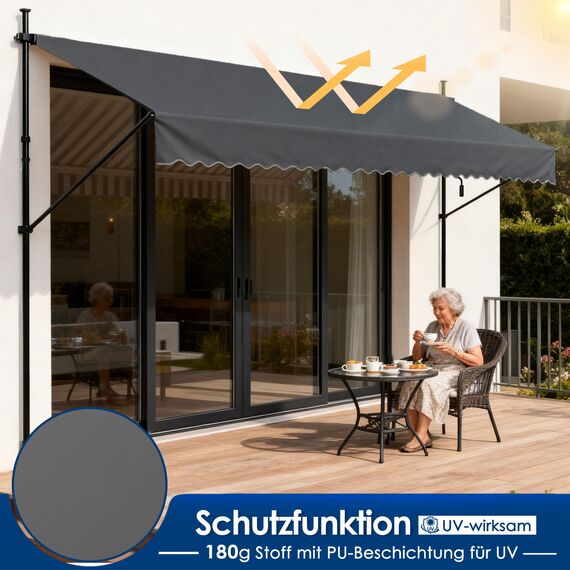 HENGMEI Klemmmarkise Balkon Markise Einziehbar Balkonmarkise Sonnenschutz ohne Bohren höhenverstellbar (250 x 120 cm, Dunkelgrau)