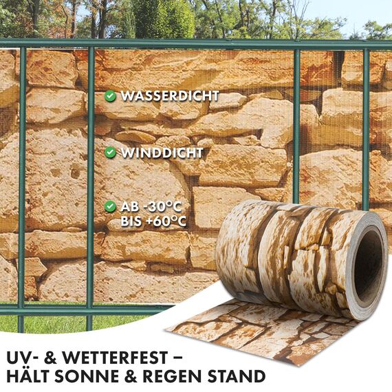 Sichtschutzstreifen PVC | Sichtschutzfolie Gartenzaun oder Balkon | inkl. 20 Befestigungsclips | für Einzel- und Doppelstabmatten geeignet | 19 cm x 35 m | einfarbig oder mit Motiv| Stein-Optikgrob