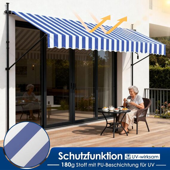 HENGMEI Klemmmarkise Balkon Markise Einziehbar Balkonmarkise Sonnenschutz ohne Bohren höhenverstellbar (250 x 120 cm, Blaue und Weiße Streifen)