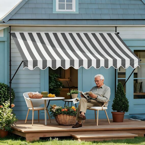 HENGMEI Klemmmarkise Balkon Markise Einziehbar Balkonmarkise Sonnenschutz ohne Bohren höhenverstellbar (300 x 120 cm, Graue und Weiße Streifen)