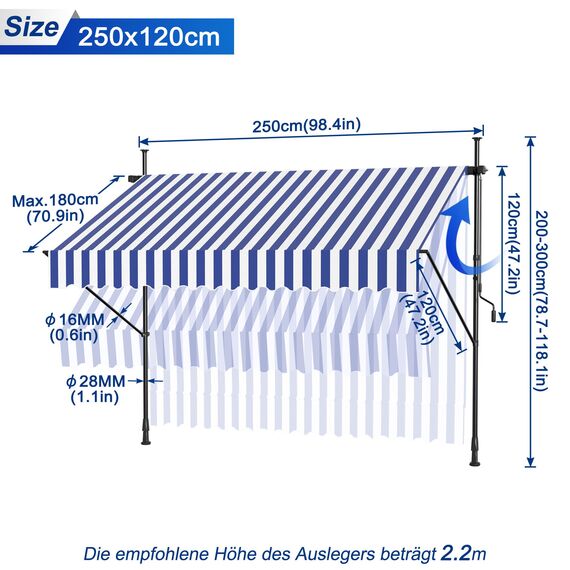 HENGMEI Klemmmarkise Balkon Markise Einziehbar Balkonmarkise Sonnenschutz ohne Bohren höhenverstellbar (250 x 120 cm, Blaue und Weiße Streifen)