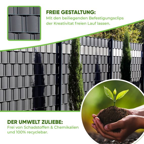 DAWIDU Zaun Sichtschutzstreifen für Doppelstabmatten - 35m x 19cm inkl. 26 Clips - 3 Farben - Hochwertiger Wind- & Sichtschutz Zaun Grau 450g/m² - Einfache Montage & langlebiger Schutz