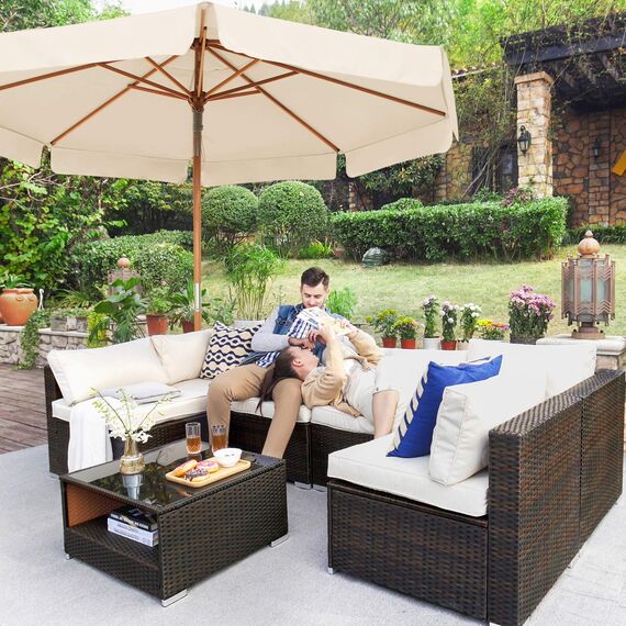 SONGMICS Sonnenschirm 270 cm, achteckiger Gartenschirm, Sonnenschutz, Schirmmast und Schirmrippen aus Holz, knickbar, ohne Ständer, Outdoor, Balkon, Terrasse, beige GPU270M01