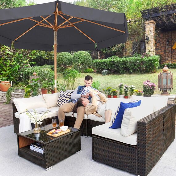 SONGMICS Garten-Sonnenschirm, 3 m, achteckiger Sonnenschirm mit Sonnenschutz, Stange und Streben aus Holz, neigbar, Sockel nicht im Lieferumfang enthalten, für Terrasse, Balkon und Außenbereich, Grau