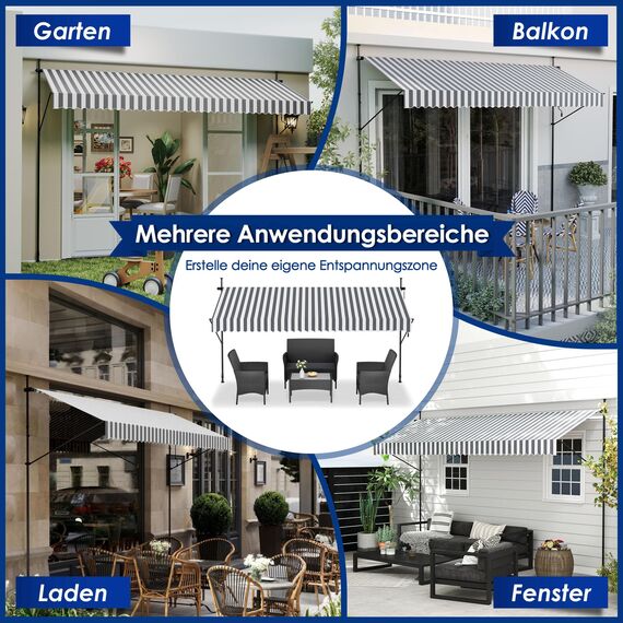 HENGMEI Klemmmarkise Balkon Markise Einziehbar Balkonmarkise Sonnenschutz ohne Bohren höhenverstellbar (300 x 120 cm, Graue und Weiße Streifen)