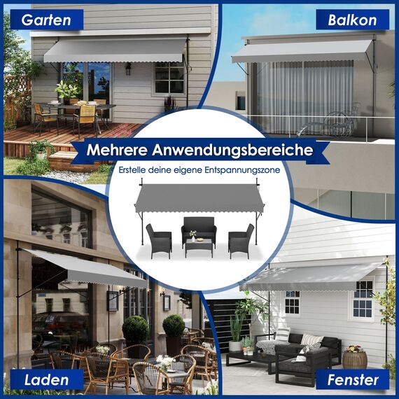 HENGMEI Klemmmarkise Balkon Markise Einziehbar Balkonmarkise Sonnenschutz ohne Bohren höhenverstellbar (350 x 120 cm, Grau)