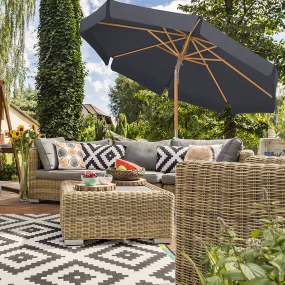 SONGMICS Garten-Sonnenschirm, 3 m, achteckiger Sonnenschirm mit Sonnenschutz, Stange und Streben aus Holz, neigbar, Sockel nicht im Lieferumfang enthalten, für Terrasse, Balkon und Außenbereich, Grau