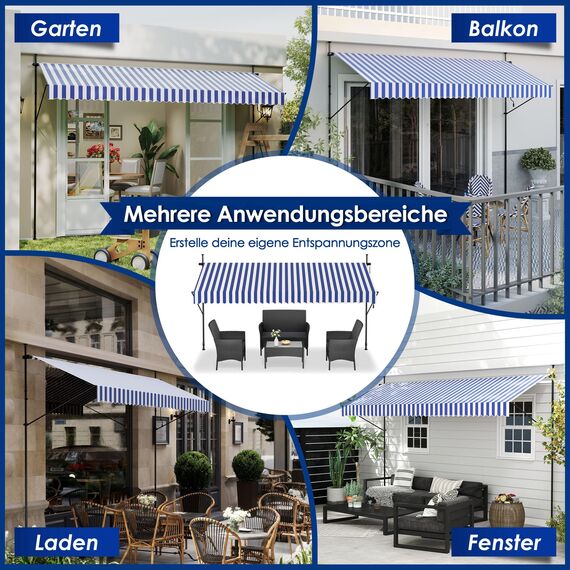 HENGMEI Klemmmarkise Balkon Markise Einziehbar Balkonmarkise Sonnenschutz ohne Bohren höhenverstellbar (400 x 120 cm, Blaue und Weiße Streifen)