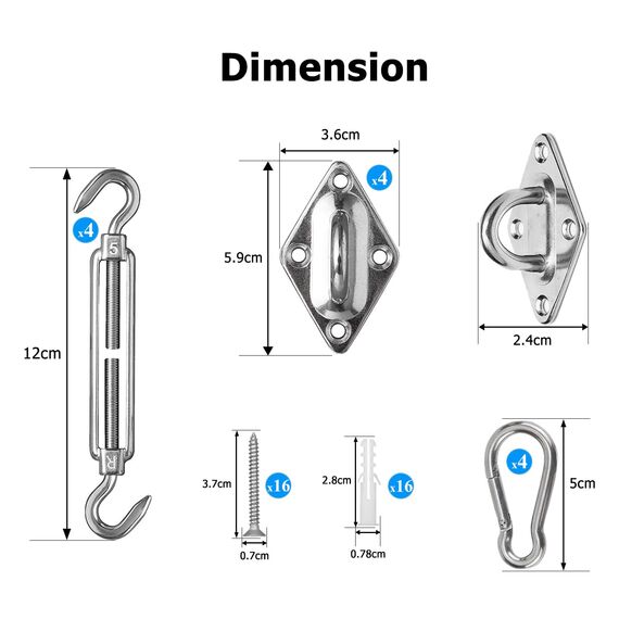 ZFYQ Befestigungsset für Sonnensegel, 40 Stücks, Edelstahl-Halterung, passt für Rechteck- und Dreiecksseile, M5