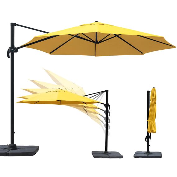 paramondo parapenda Sonnenschirm Ampelschirm aus 230 g/㎡ Polyesterfaser, Rund, Ø 3,5 m, 360° Schwenkbar, Kurbelbedienung, Gelb, Stahl-Standkreuz und Gestell in Anthrazit, 20.6kg