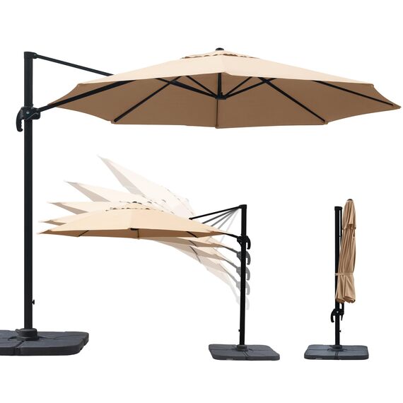 paramondo parapenda Sonnenschirm Ampelschirm aus 230 g/㎡ Polyesterfaser, Rund, Ø 3,5 m, 360° Schwenkbar, Kurbelbedienung, Creme, Stahl-Standkreuz und Gestell in Anthrazit, 20.6kg