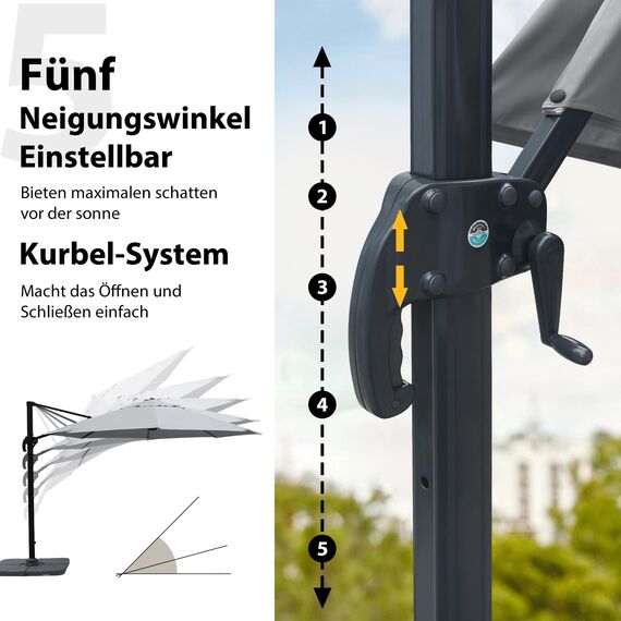 paramondo parapenda Sonnenschirm Ampelschirm aus 230 g/㎡ Polyesterfaser, Rund, Ø 3,5 m, 360° Schwenkbar, Kurbelbedienung, Grau, Stahl-Standkreuz und Gestell in Anthrazit, 20.6kg