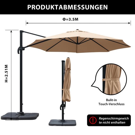 paramondo parapenda Sonnenschirm Ampelschirm aus 230 g/㎡ Polyesterfaser, Rund, Ø 3,5 m, 360° Schwenkbar, Kurbelbedienung, Creme, Stahl-Standkreuz und Gestell in Anthrazit, 20.6kg