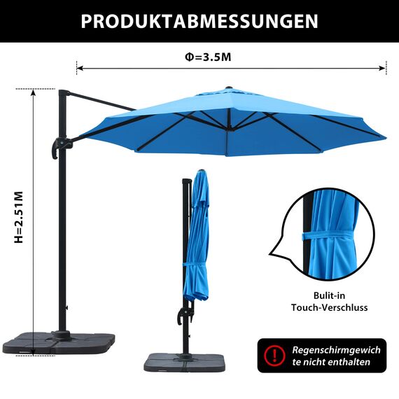 paramondo parapenda Sonnenschirm Ampelschirm aus 230 g/㎡ Polyesterfaser, Rund, Ø 3,5 m, 360° Schwenkbar, Kurbelbedienung, Blau, Stahl-Standkreuz und Gestell in Anthrazit, 20.6kg