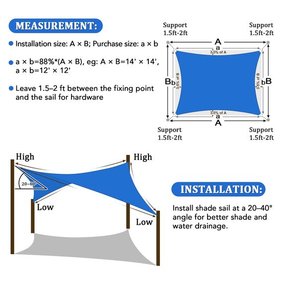 Shade&Beyond Sonnensegel, gebogen, rechteckig, 185 g/m², lichtdurchlässig, für Terrasse, Deck, Hof, Hinterhof, Hinterhof, 185 g/m², Blau