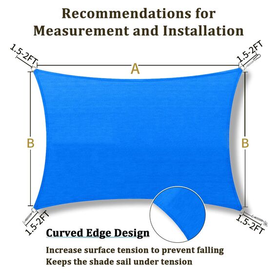 Shade&Beyond Sonnensegel, gebogen, rechteckig, 185 g/m², lichtdurchlässig, für Terrasse, Deck, Hof, Hinterhof, Hinterhof, 185 g/m², Blau