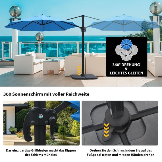 paramondo parapenda Sonnenschirm Ampelschirm aus 230 g/㎡ Polyesterfaser, Rund, Ø 3,5 m, 360° Schwenkbar, Kurbelbedienung, Blau, Stahl-Standkreuz und Gestell in Anthrazit, 20.6kg