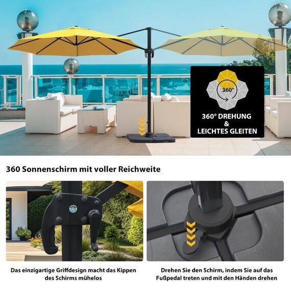 paramondo parapenda Sonnenschirm Ampelschirm aus 230 g/㎡ Polyesterfaser, Rund, Ø 3,5 m, 360° Schwenkbar, Kurbelbedienung, Gelb, Stahl-Standkreuz und Gestell in Anthrazit, 20.6kg