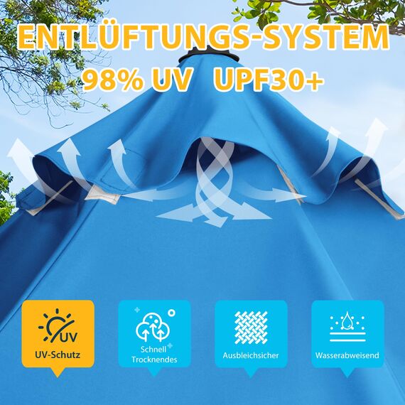 paramondo parapenda Sonnenschirm Ampelschirm aus 230 g/㎡ Polyesterfaser, Rund, Ø 3,5 m, 360° Schwenkbar, Kurbelbedienung, Blau, Stahl-Standkreuz und Gestell in Anthrazit, 20.6kg