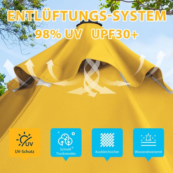 paramondo parapenda Sonnenschirm Ampelschirm aus 230 g/㎡ Polyesterfaser, Rund, Ø 3,5 m, 360° Schwenkbar, Kurbelbedienung, Gelb, Stahl-Standkreuz und Gestell in Anthrazit, 20.6kg