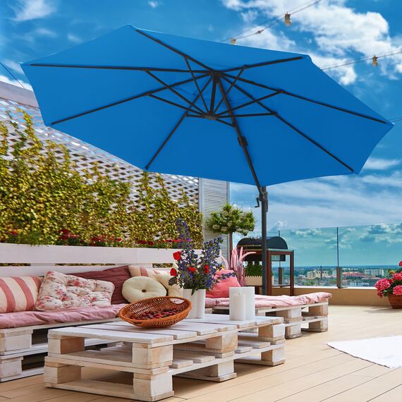 paramondo parapenda Sonnenschirm Ampelschirm aus 230 g/㎡ Polyesterfaser, Rund, Ø 3,5 m, 360° Schwenkbar, Kurbelbedienung, Blau, Stahl-Standkreuz und Gestell in Anthrazit, 20.6kg