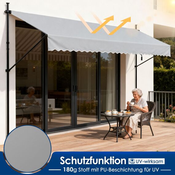 HENGMEI Klemmmarkise Balkon Markise Einziehbar Balkonmarkise Sonnenschutz ohne Bohren höhenverstellbar (400 x 120 cm, Grau)