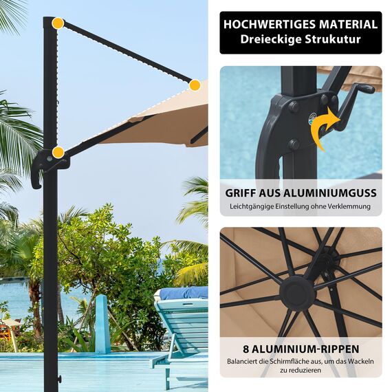 paramondo parapenda Sonnenschirm Ampelschirm aus 230 g/㎡ Polyesterfaser, Rund, Ø 3,5 m, 360° Schwenkbar, Kurbelbedienung, Creme, Stahl-Standkreuz und Gestell in Anthrazit, 20.6kg