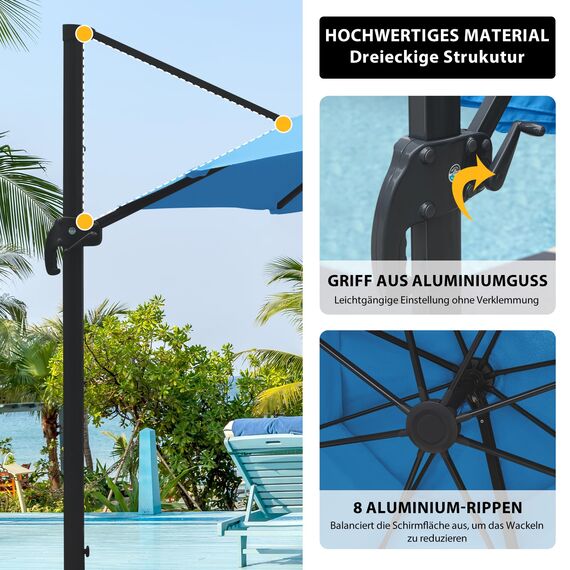 paramondo parapenda Sonnenschirm Ampelschirm aus 230 g/㎡ Polyesterfaser, Rund, Ø 3,5 m, 360° Schwenkbar, Kurbelbedienung, Blau, Stahl-Standkreuz und Gestell in Anthrazit, 20.6kg