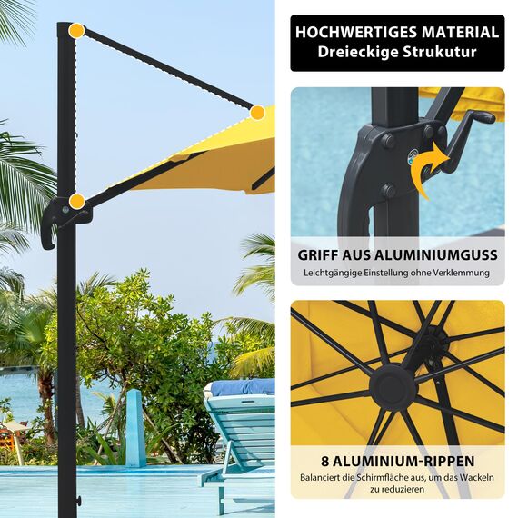 paramondo parapenda Sonnenschirm Ampelschirm aus 230 g/㎡ Polyesterfaser, Rund, Ø 3,5 m, 360° Schwenkbar, Kurbelbedienung, Gelb, Stahl-Standkreuz und Gestell in Anthrazit, 20.6kg