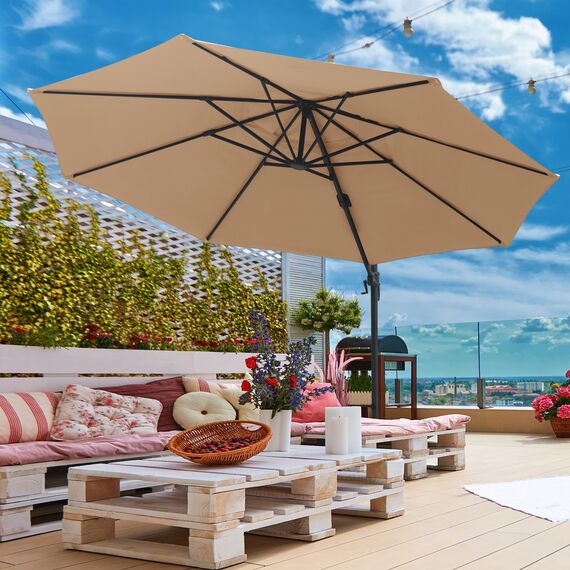 paramondo parapenda Sonnenschirm Ampelschirm aus 230 g/㎡ Polyesterfaser, Rund, Ø 3,5 m, 360° Schwenkbar, Kurbelbedienung, Creme, Stahl-Standkreuz und Gestell in Anthrazit, 20.6kg