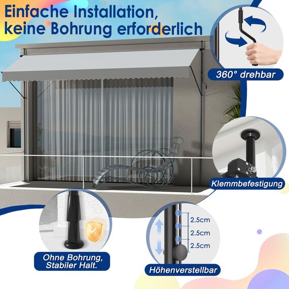 HENGMEI Klemmmarkise Balkon Markise Einziehbar Balkonmarkise Sonnenschutz ohne Bohren höhenverstellbar (400 x 120 cm, Grau)