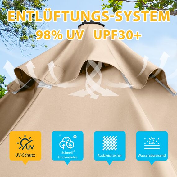 paramondo parapenda Sonnenschirm Ampelschirm aus 230 g/㎡ Polyesterfaser, Rund, Ø 3,5 m, 360° Schwenkbar, Kurbelbedienung, Creme, Stahl-Standkreuz und Gestell in Anthrazit, 20.6kg