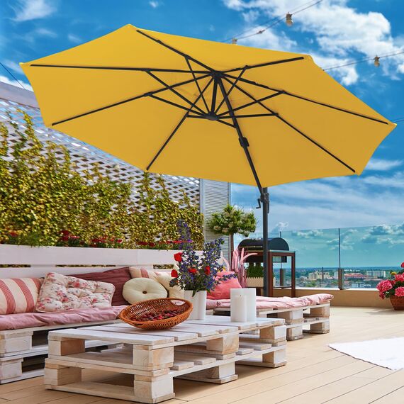 paramondo parapenda Sonnenschirm Ampelschirm aus 230 g/㎡ Polyesterfaser, Rund, Ø 3,5 m, 360° Schwenkbar, Kurbelbedienung, Gelb, Stahl-Standkreuz und Gestell in Anthrazit, 20.6kg