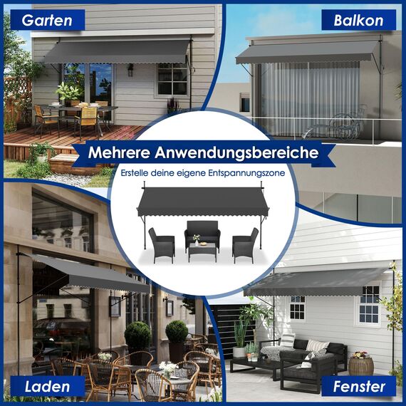 HENGMEI Klemmmarkise Balkon Markise Einziehbar Balkonmarkise Sonnenschutz ohne Bohren höhenverstellbar (200 x 120 cm, Dunkelgrau)