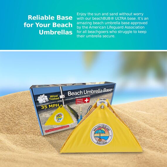 BEACHBUB Ultra Sonnenschirmständer (entspricht dem ASTM F3681-24 Strandschirm-Sicherheitsstandard).