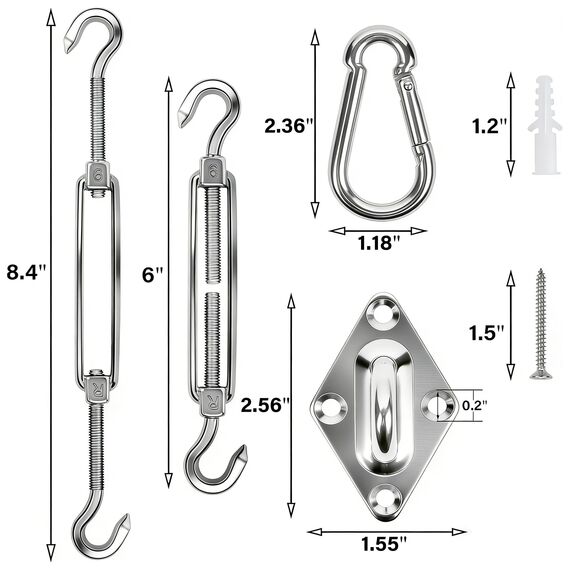 YOFIT Sonnensegel-Befestigungsmaterial-Set, 15,2 cm, zur Installation dreieckiger Sonnensegel, 304 Edelstahl, für Garten, im Freien, 80-teiliges Set