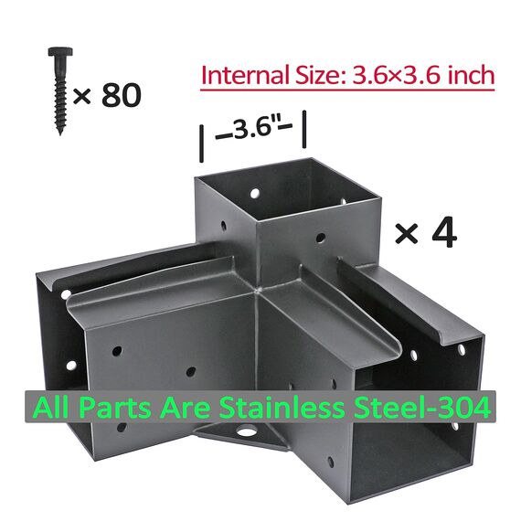 Antsky 3-Wege-Eck-Pergola-Halterung aus Edelstahl mit Schrauben für 10,2 x 10,2 cm (tatsächlich: 8,9 x 8,9 cm) Holzbalken, Pergola/Pavillon-Set (4 Stück)