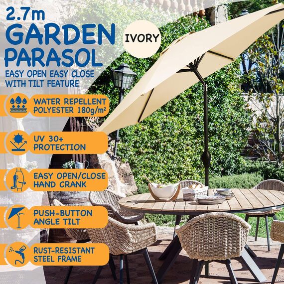SUNMER 2,7M Sonnenschirm Gartenschirm Sonnenschutz | Polyester 180 g/m² (UV 30+) | Kurbelmechanismus | Stangenbreite ø 38 mm (ohne Sockel), elfenbeinfarben